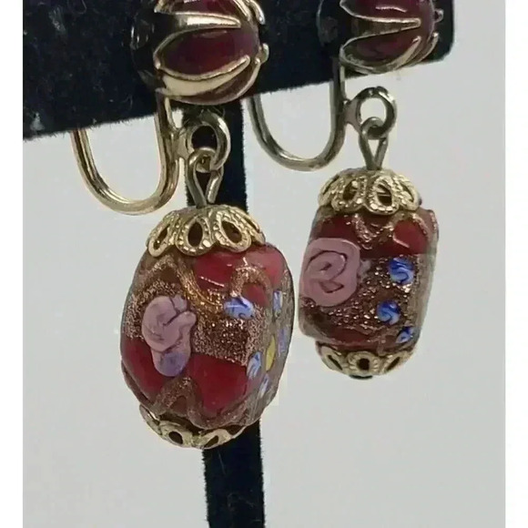 Vintage Earrings Garnet Red Wedding Cake Venetian Art Glass Bead Dangle 10k GP - Picture 5 of 10